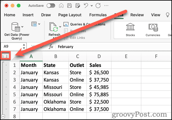 Excel'deki Anahat Düzeyi Düğmeleri
