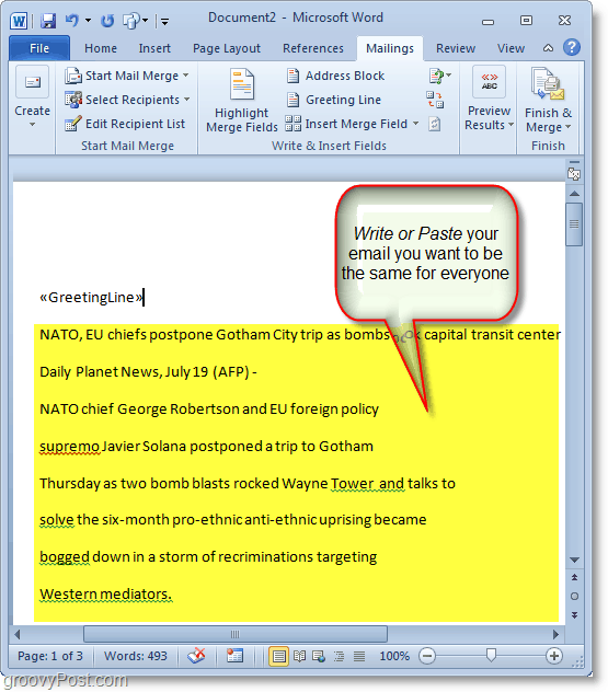 Outlook 2010 ekran görüntüsü - toplu e-posta içeriğinizi yazın