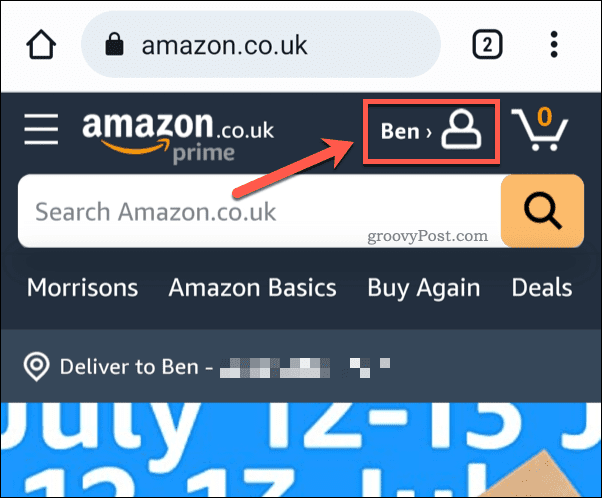 Amazon profil simgesine dokunun