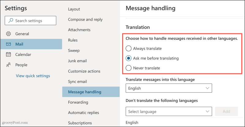 Çevrimiçi Outlook'ta çeviri ayarları