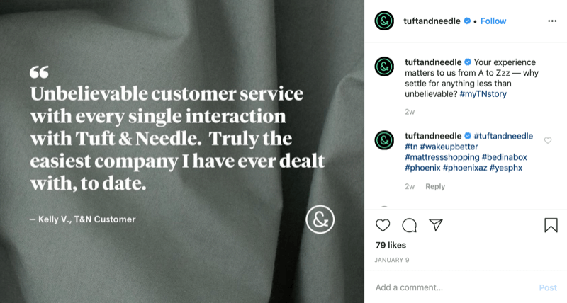 Tuft ve Needle Instagram hesabından müşteri alıntı grafiği