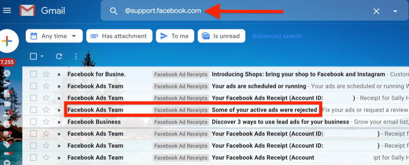 @ support.facebook.com için tüm facebook reklam e-posta bildirimlerini izole etmek için bir gmail filtresi örneği