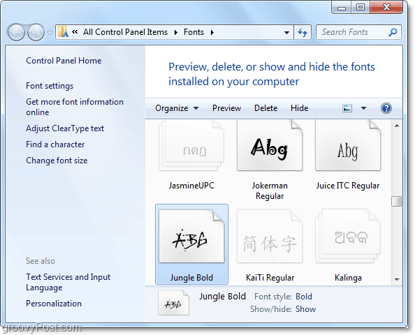 Windows 7 yazı tipi kontrol paneline genel bakış