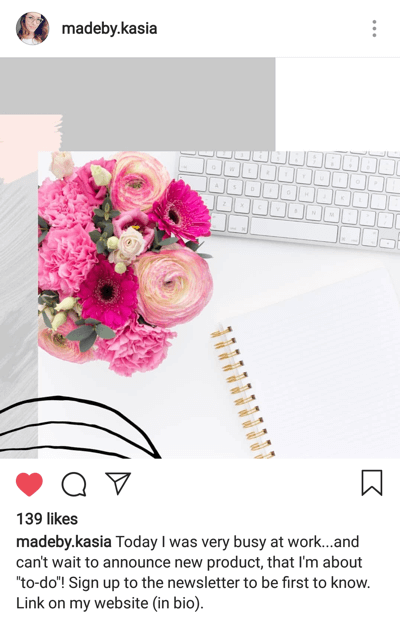 İlgi çekici Instagram başlıkları nasıl yazılır, adım 3, başlık örneğine madeby.kasia tarafından yazılan eylem çağrısı ekleyin