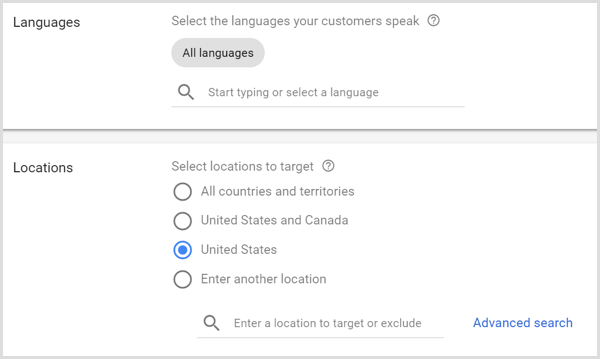 Google AdWords kampanyası için Diller ve Yerler ayarları.