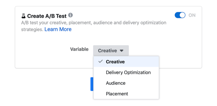 Facebook reklamı a / b testi ayarı, değişken reklam öğesi, yayın optimizasyonu, kitle ve yerleşim seçeneklerini gösterir