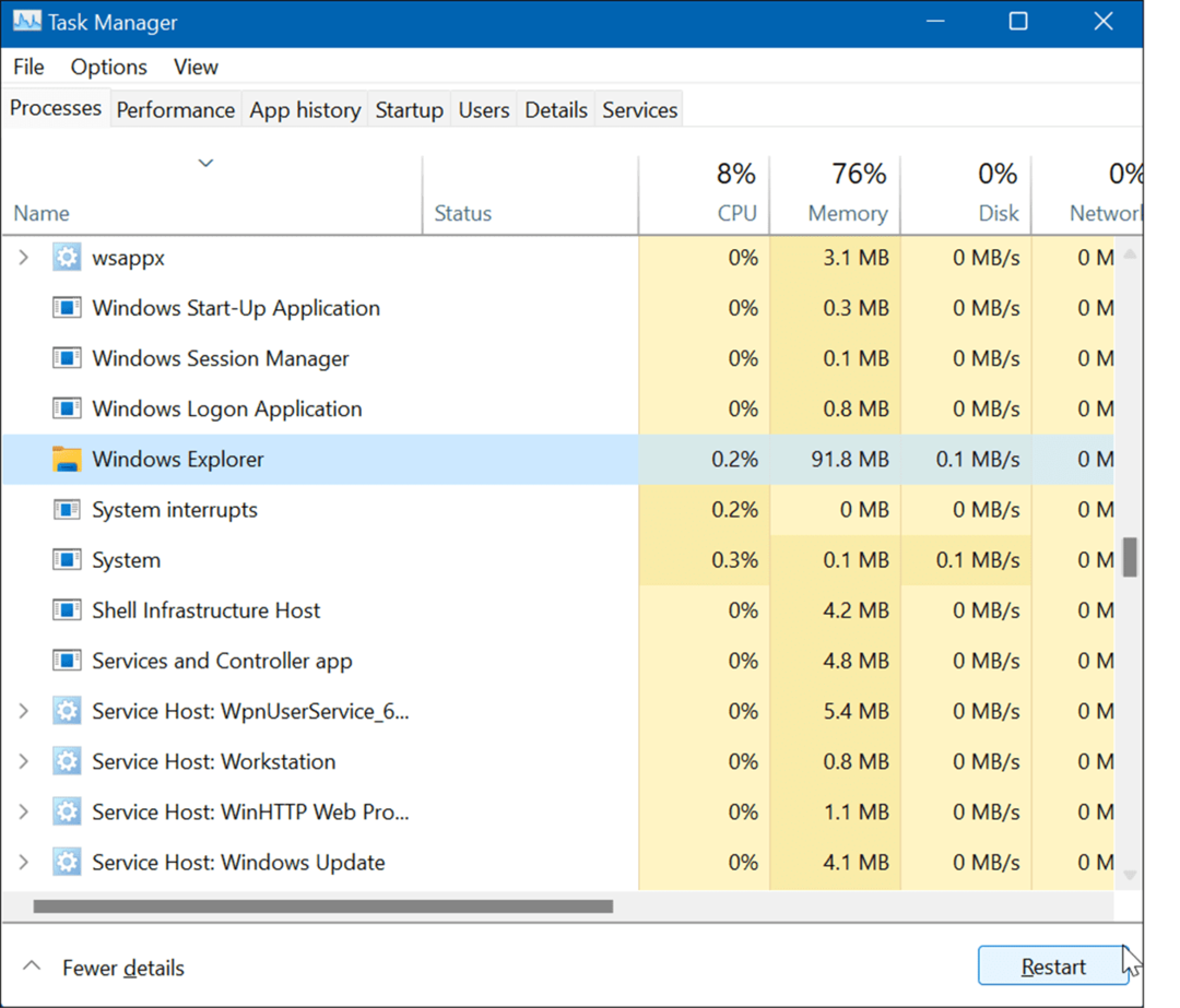 Windows 11'de Windows Gezgini sıfırlama görev çubuğu ayarlarını yeniden başlatın