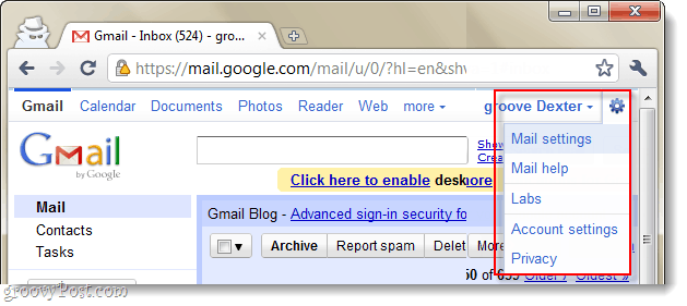 gmail posta ayarları açılır menüsü
