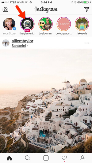 Güncel Instagram Canlı yayınları, Ana Sayfa sekmenizin üst kısmında açıkça işaretlenmiştir.