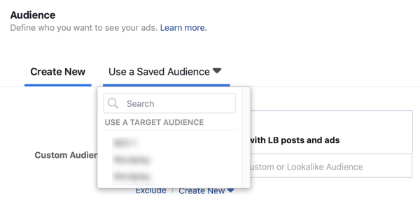 Facebook lider reklam kampanyası için kayıtlı bir kitleyi kullanma seçeneği.