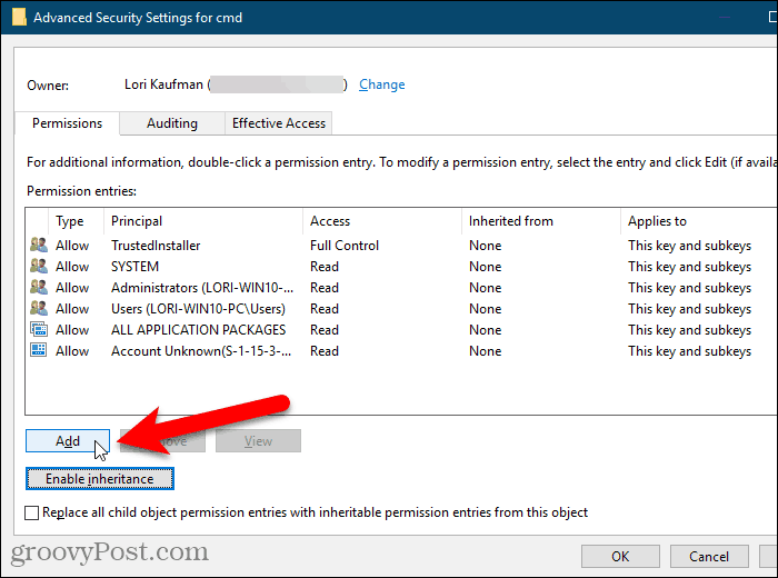 Windows Kayıt Defteri'ndeki Gelişmiş Güvenlik Ayarları iletişim kutusunda Ekle'yi tıklatın