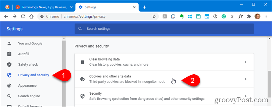 Chrome'da Gizlilik ve güvenlik ayarlarında Çerezler ve site verilerini tıklayın