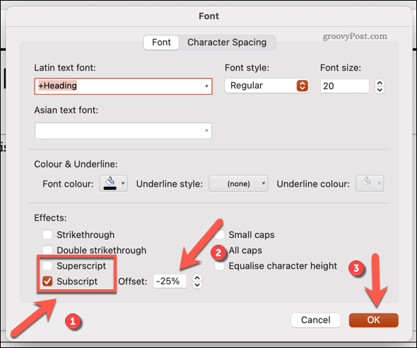 Mac'teki Powerpoint'te yazı tipini alt simge veya üst simge olarak değiştirme