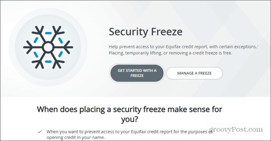 Equifax güvenlik dondurma sayfası