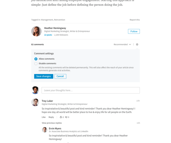 LinkedIn, yayıncılara uzun biçimli makalelerindeki yorumları doğrudan yönetme olanağını sundu.