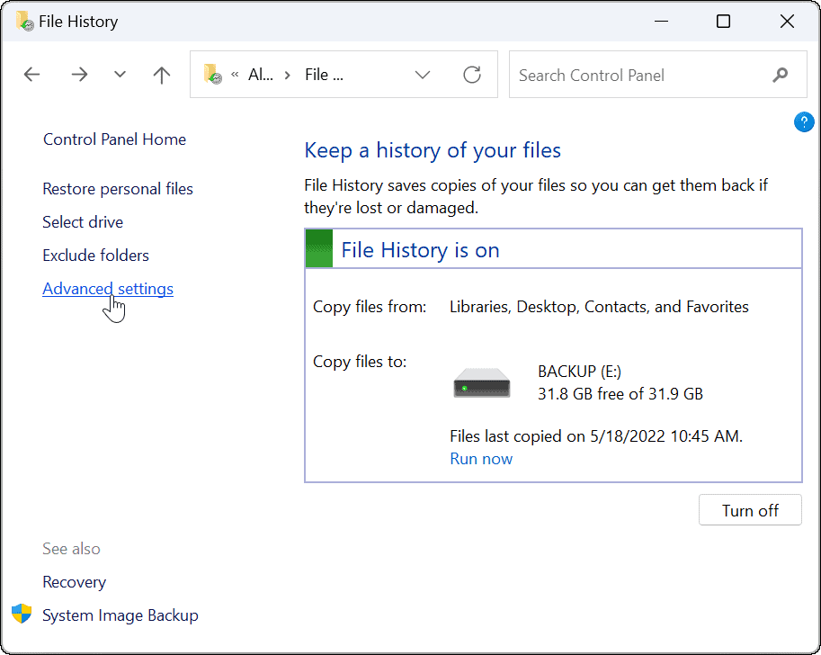 Windows 11'de gelişmiş kullanım dosyası geçmişi