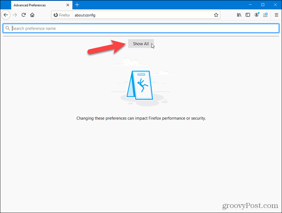 Firefox'un gelişmiş ayarlar sayfasında Tümünü Göster'i tıklayın