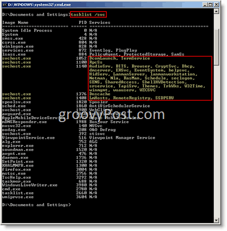 Windows Komut Windows İstemi svchost.exe görev listesi / svc