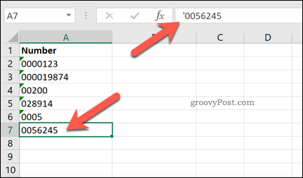 Excel'de önde gelen kesme işareti ekleme