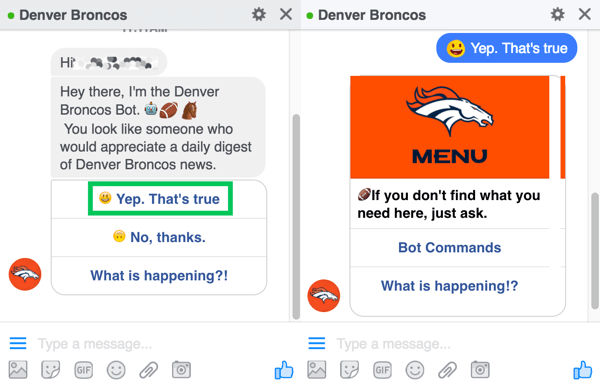 Denver Broncos sohbet robotu, kullanıcılardan günlük özetlerine kaydolmalarını ister.