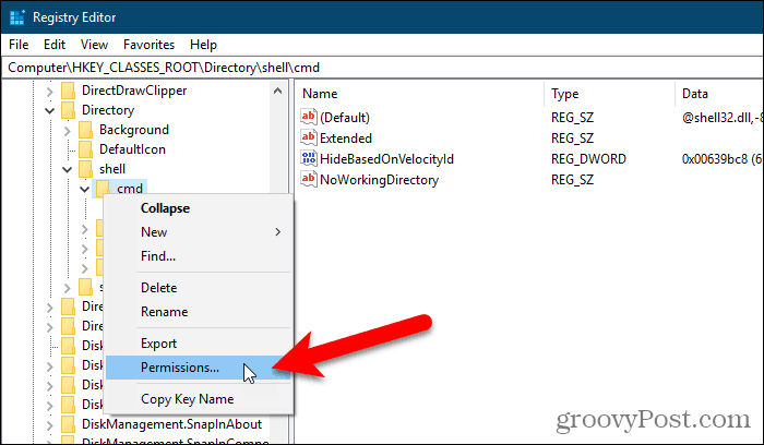 Windows Kayıt Defteri'nde bir anahtar için İzinler iletişim kutusunu açma