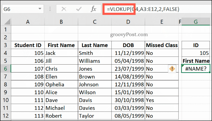 Excel'de bir NAME hatası döndüren yanlış yazılmış bir DÜŞEYARA formülü