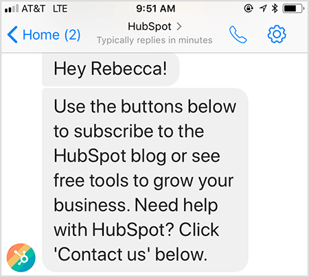 HubSpot'un chatbot karşılama mesajı, bir insanla iletişim kurmanızı sağlar.