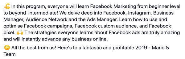 Daha uzun formlu metin tabanlı Facebook sponsorlu gönderiler nasıl yazılır ve yapılandırılır, adım 6, program özellikleri açıklama örneği: Mario tarafından Damn Good Academy