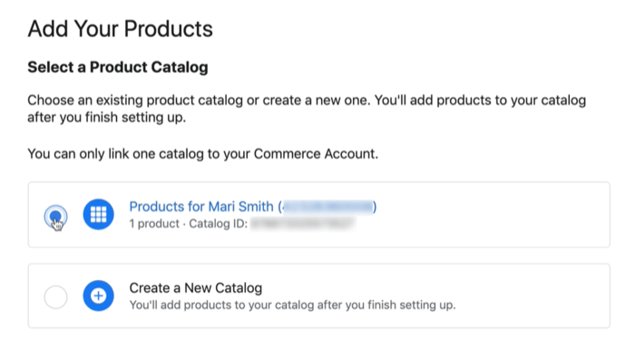 Mevcut veya yeni bir kataloğu bağlamak için facebook ürün kataloğu seçeneği