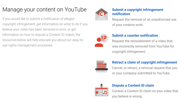 YouTube, birisi telif hakkınızı ihlal ederse izleyebileceğiniz yayından kaldırma prosedürlerine sahiptir.