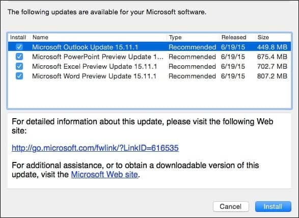 Mac için Microsoft Office 2016 Önizleme Güncelleştirmesi KB3074179