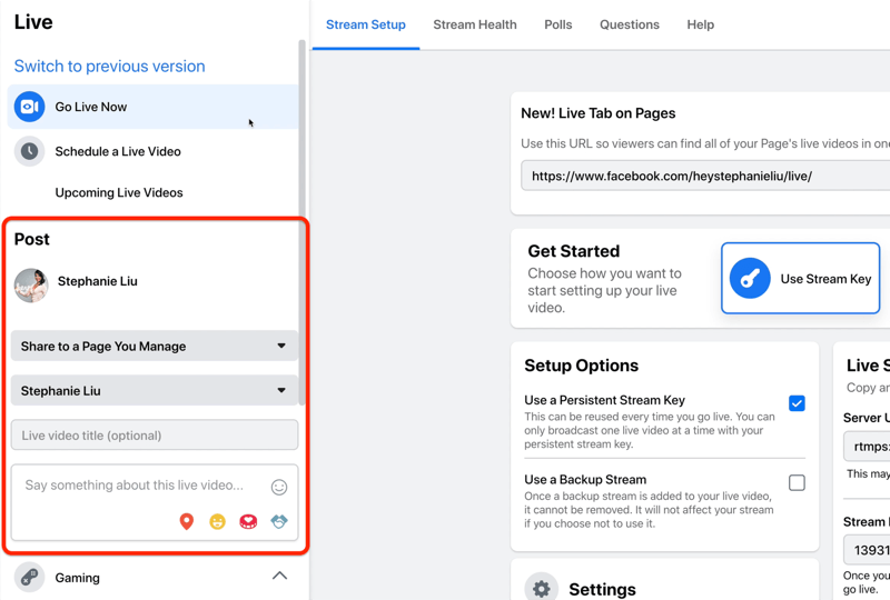 Canlı videonuz için gönderi ayrıntılarını eklemek için facebook canlı yayın kurulum seçeneği