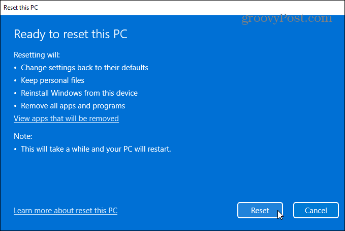 Windows 11 PC'yi sıfırlamaya hazır