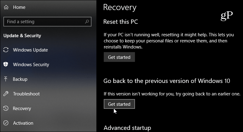 Windows 10'un önceki sürümüne dön