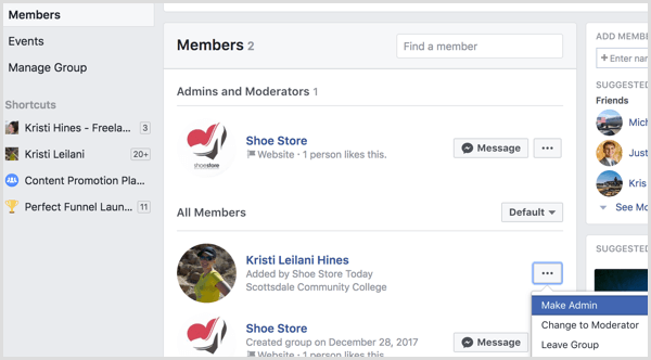Facebook, gruba yönetici olarak profil ekle