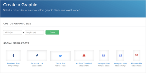 Snappa'da oturum açtıktan sonra, sosyal medya gönderileri, blog oluşturma ve infografikler, sosyal medya reklamları ve diğer seçenekler için önceden belirlenmiş boyutların bir listesini görürsünüz.