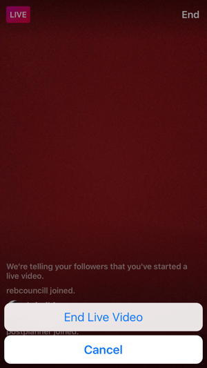 Instagram Canlı yayınınızı sonlandırmak için Bitir düğmesine dokunun.