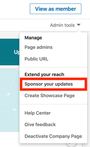 LinkedIn metin reklamı nasıl oluşturulur, 1. adım, Yönetici araçları altında güncellemelerinize sponsor olun