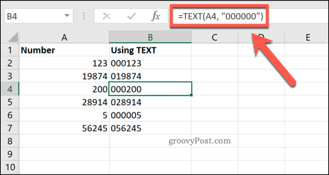 Baştaki sıfırları eklemek için Excel'de TEXT kullanma