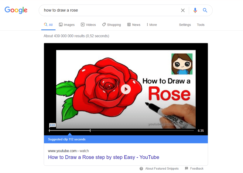 'gül nasıl çizilir' için google arama sonuçlarında en iyi youtube videosu örneği