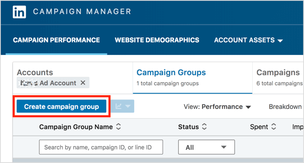 LinkedIn Kampanya Yöneticisinin Kampanya Grupları sekmesinde, Kampanya Grubu Oluştur düğmesini tıklayın.