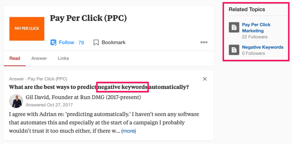'PPC' arama terimi ve 'negatif anahtar kelimeler' ifadesini içeren Quora arama sonucu örneği.