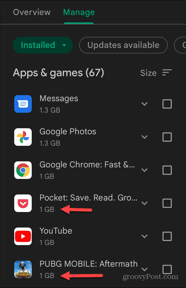 Android'de boyuta göre listelenen uygulamalar