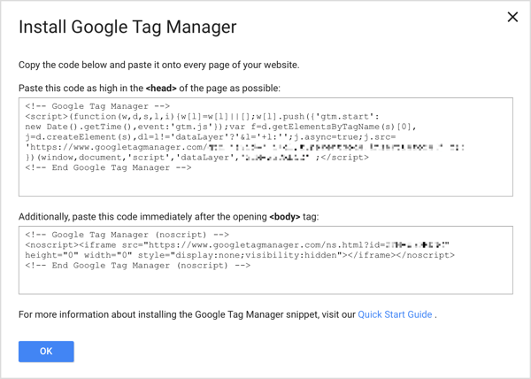 Kurulum işlemini tamamlamak için web sitenizdeki her sayfaya iki Google Etiket Yöneticisi kod snippet'ini ekleyin.