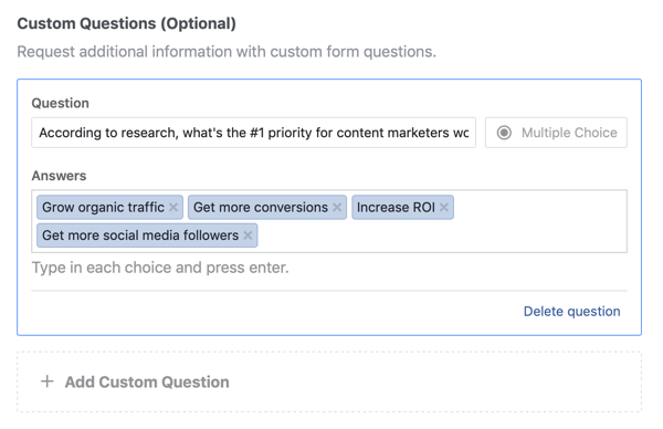 Facebook lider reklam kampanyası için soru için örnek soru ve cevap seçenekleri.