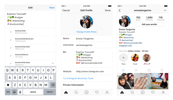 Instagram artık kullanıcıların profil biyografilerinden birkaç hashtag'e ve diğer hesaplara bağlanmasına izin veriyor.