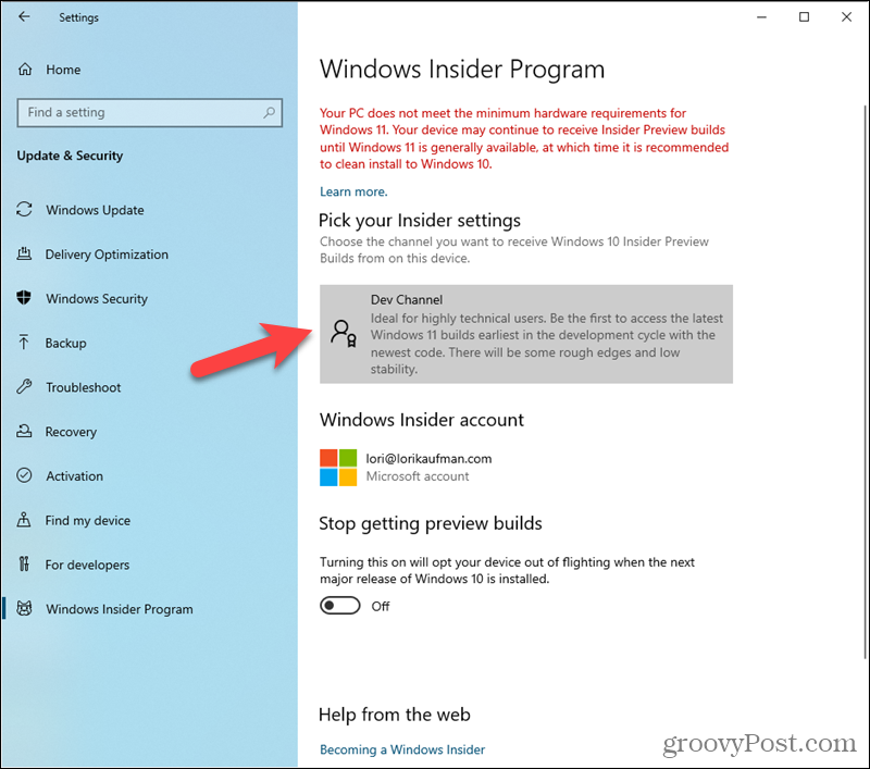 Windows Insider Program ayarlarında ayarlanan geliştirici kanalı