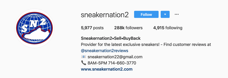 SneakerNation2 için birincil Instagram hesabı