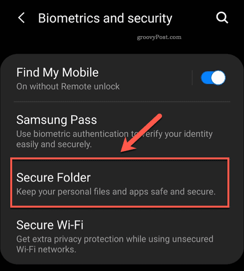 Android Güvenli Klasör menü seçeneği