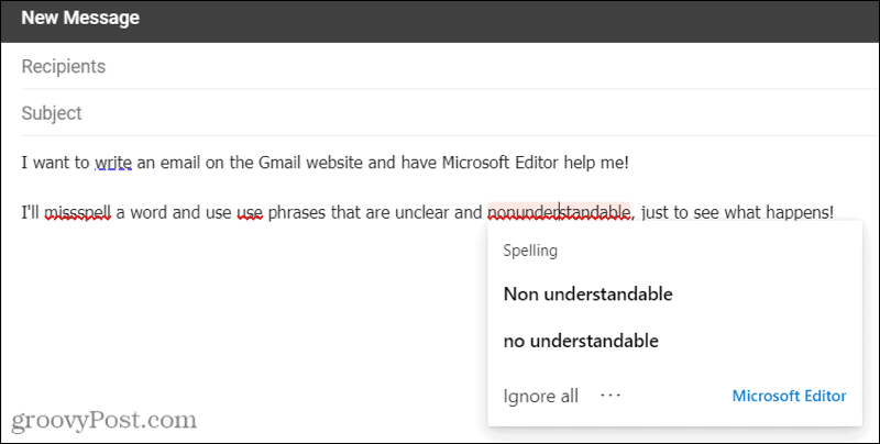 Edge uzantısını kullanarak Gmail'de Microsoft Düzenleyici